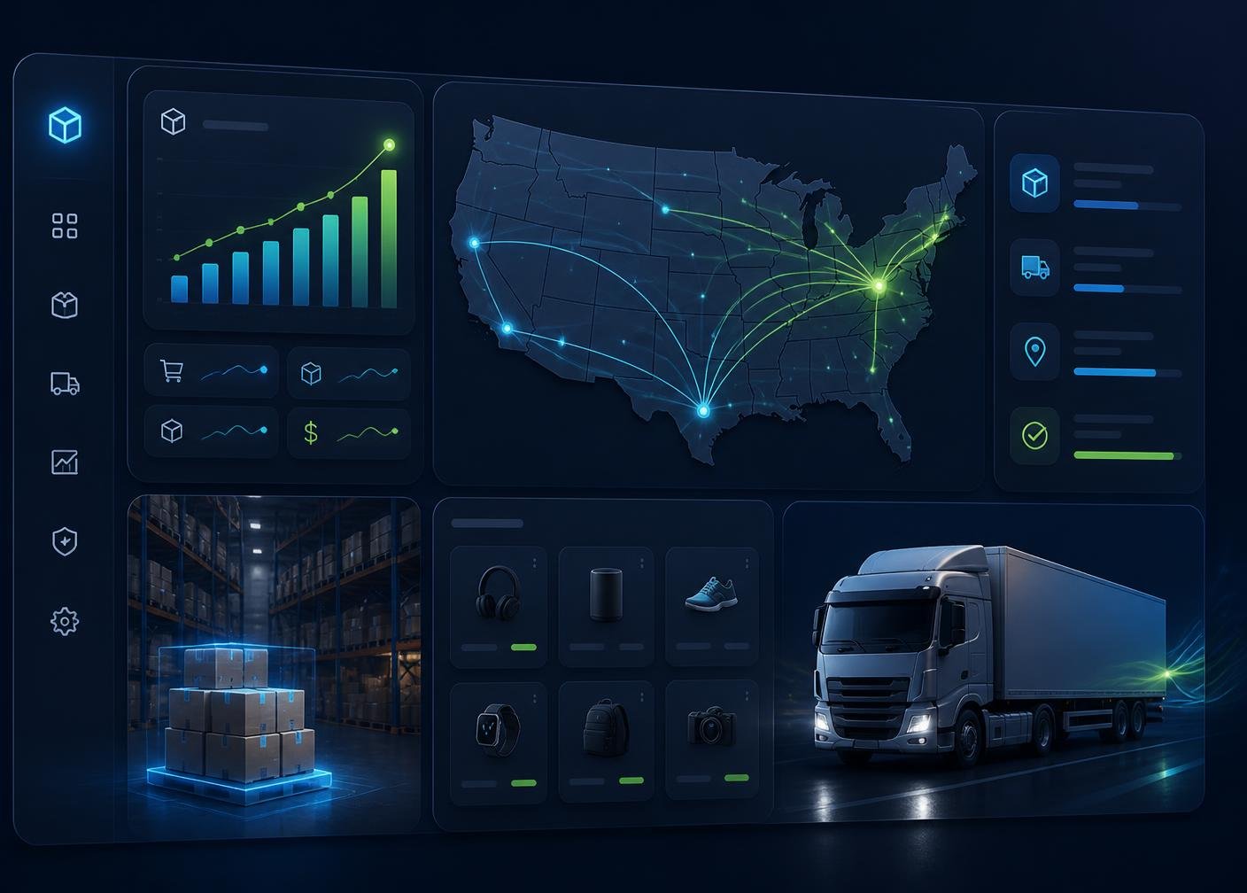 Pearl Haven Co warehouse dashboard showing US shipping routes, live order analytics, and same-day fulfillment